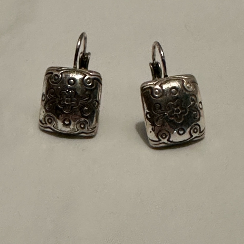 Rectangle Silver Tone Engraved Flower Drop Earrin… - image 1